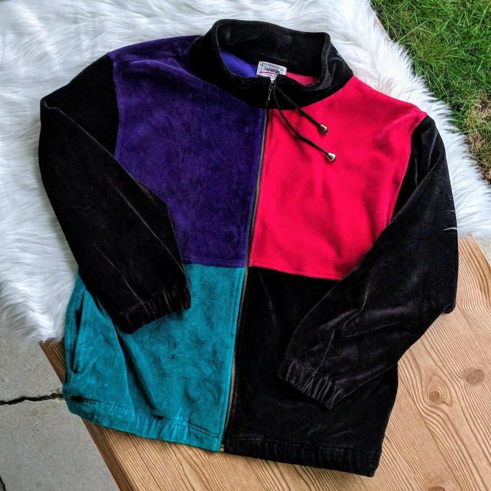 Perfectly VTG Velvet Color Block Oversized Streetwear Zip Up Sweater Jacket